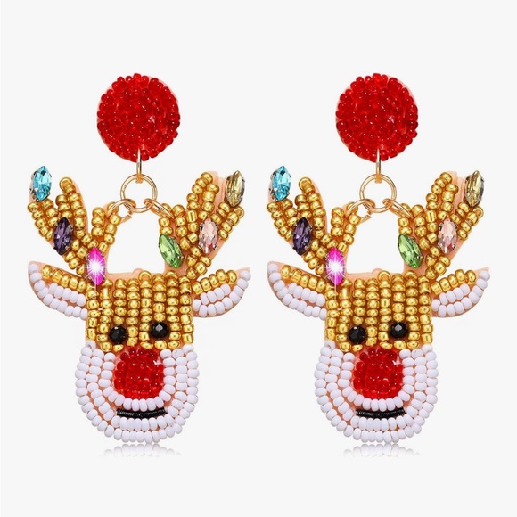 Betsey Johnson Handcrafted Christmas Festive Reindeer Beaded Drop Earrings - Picture 1 of 8
